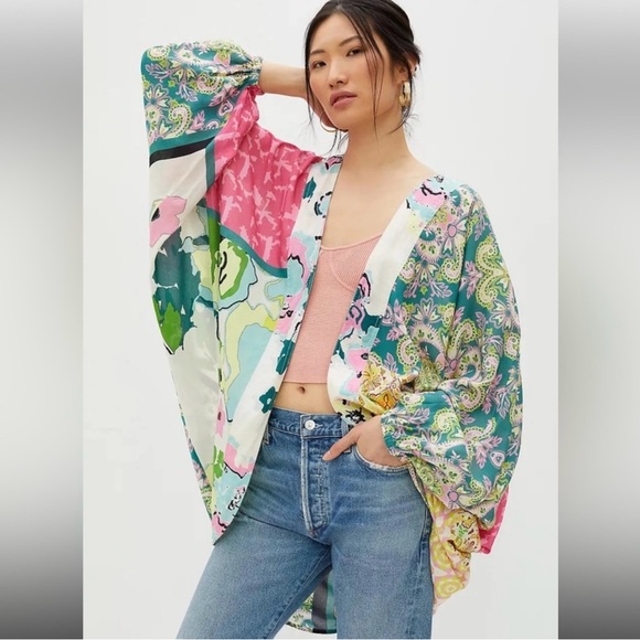 Anthropologie Sweaters - EUC Anthropologie Multicolored Mixed Pattern Pink Green Kimono Cardigan!!